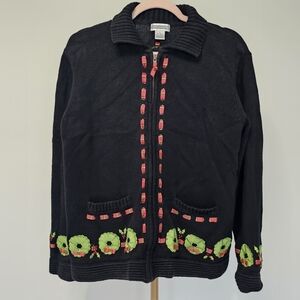 Investments Black Cardigan with Green and‎ Red Accents